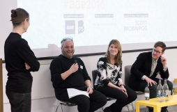 AAE 2016: Hannah Vowles chairs panel discussion with Doug Gittens, Paula Craft-Pegg and Luke Pearson during AAE, The Research Based Education 2016 international peer reviewed conference. Held at Bartlett School of Architecture. 140, Hampstead Road, London. 08/04/2016.