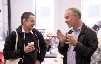 AAE 2016: Etienne Wenger chats with Alan Pann during a break of AAE, The Research Based Education 2016 international peer reviewed conference. Held at Bartlett School of Architecture. 140, Hampstead Road, London. 08/04/2016.