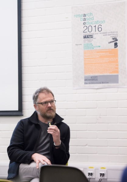 AAE 2016: Question from Bob Sheil during AAE, The Research Based Education 2016 international peer reviewed conference. Held at Bartlett School of Architecture. 140, Hampstead Road, London. 08/04/2016.